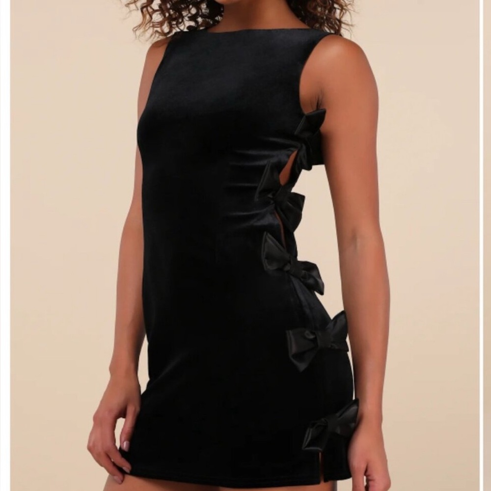 Lulu's Black Velvet Mini Dress with Bow Details
